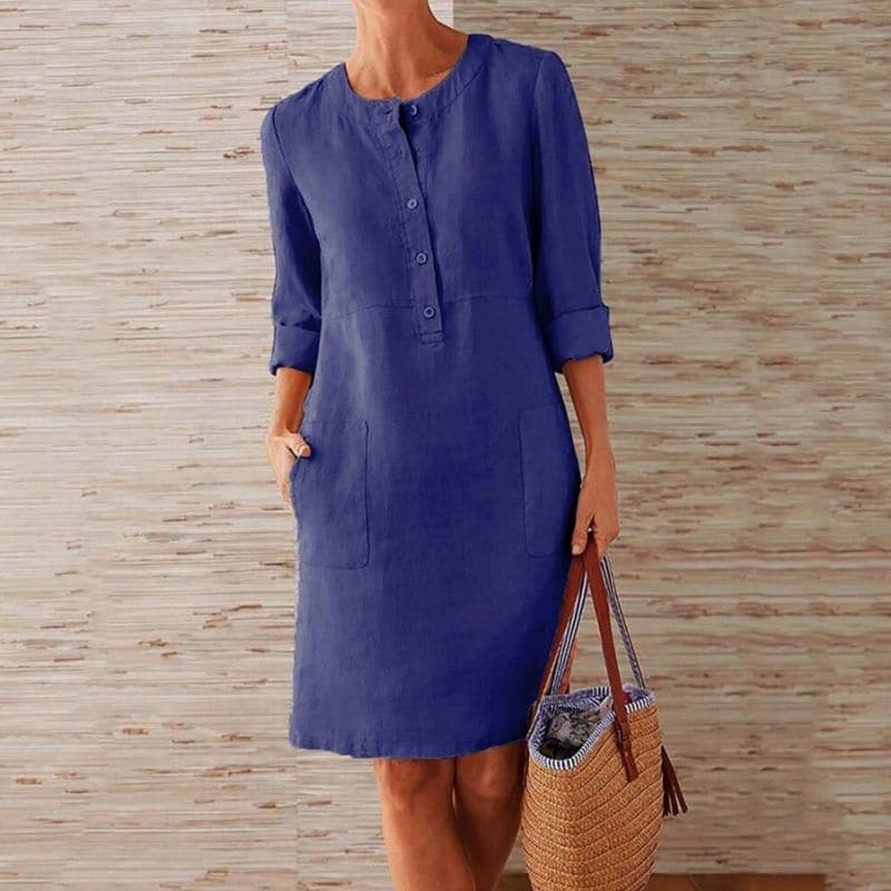 Yolanda – Button-Front Shift Dress with Side Pockets