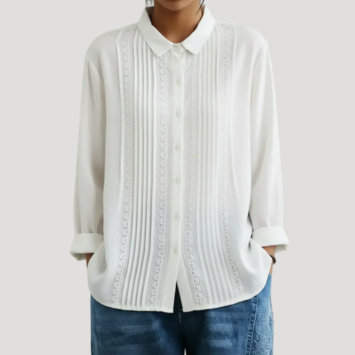 Mackenzie – Pleated Button-Down Blouse with Openwork Trim