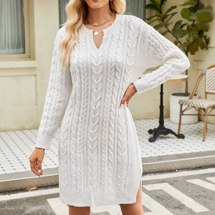 Rachael – Notched Neck Cable-Textured Mini Sweater Dress for Women