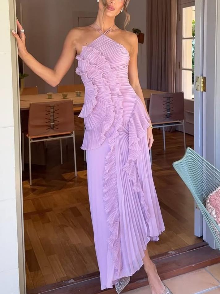 Vivienne – Pleated Halter Maxi Dress with Cascade Ruffle