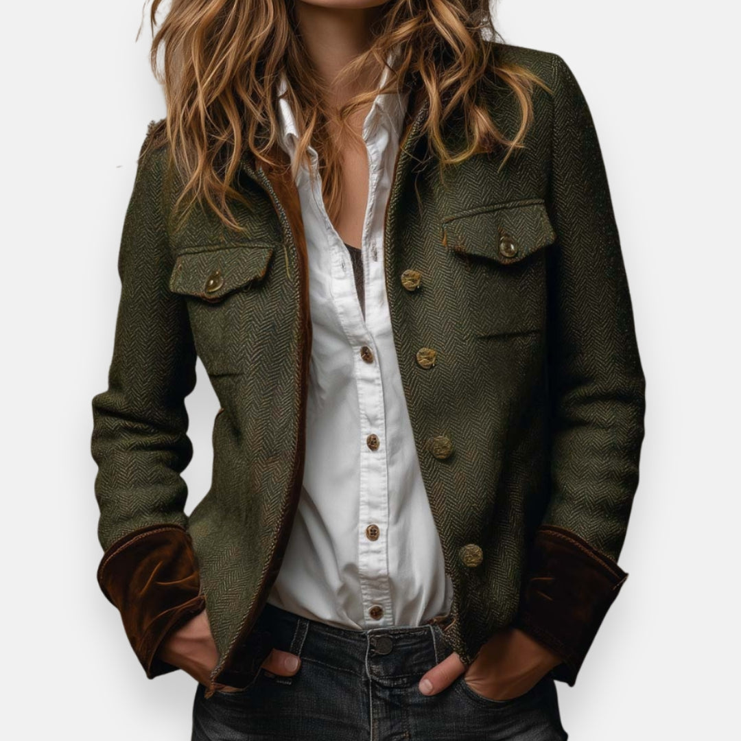 Maren – Herringbone Utility Jacket with Contrast Cuffs