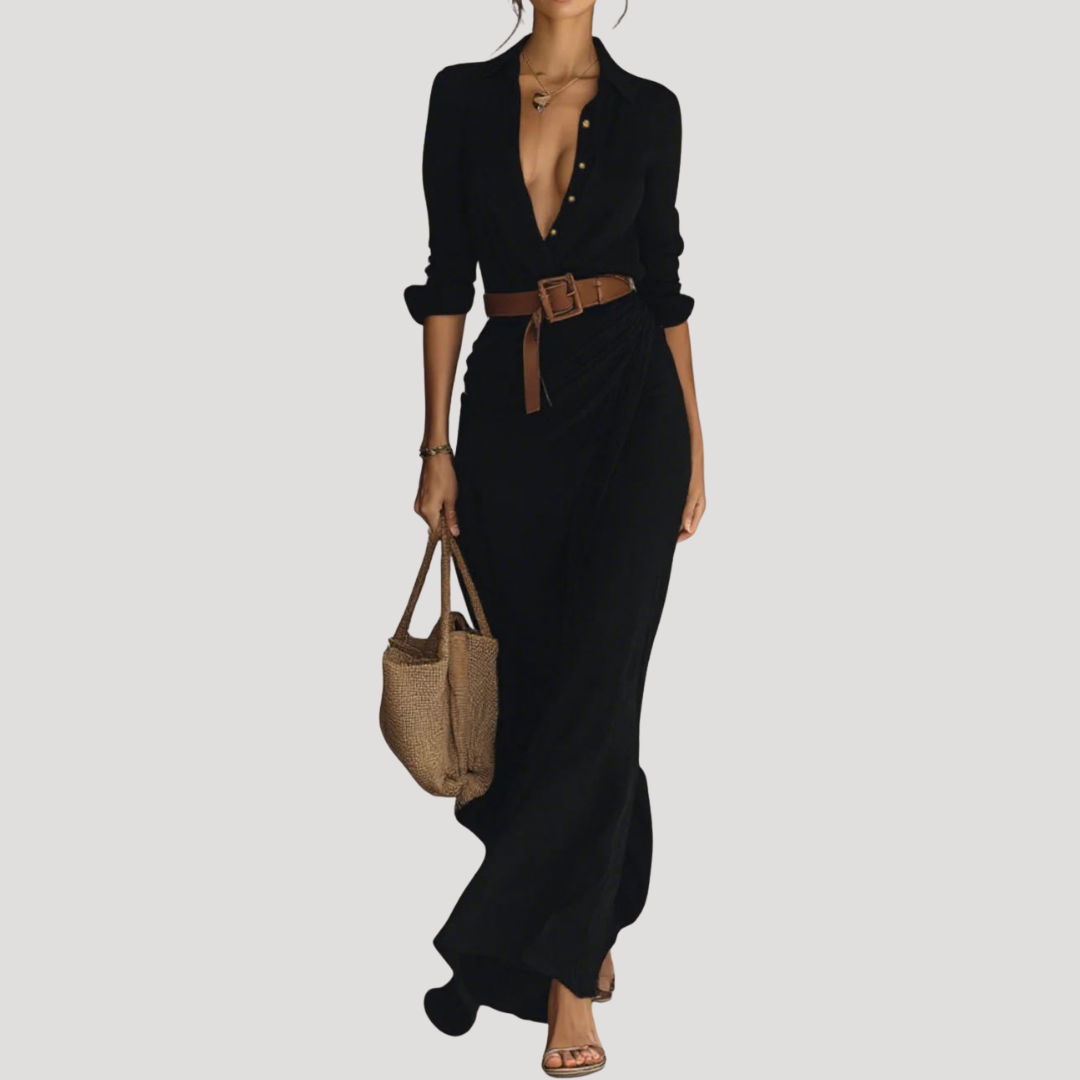 Kira – Belted Maxi Shirt Dress with Long Sleeves