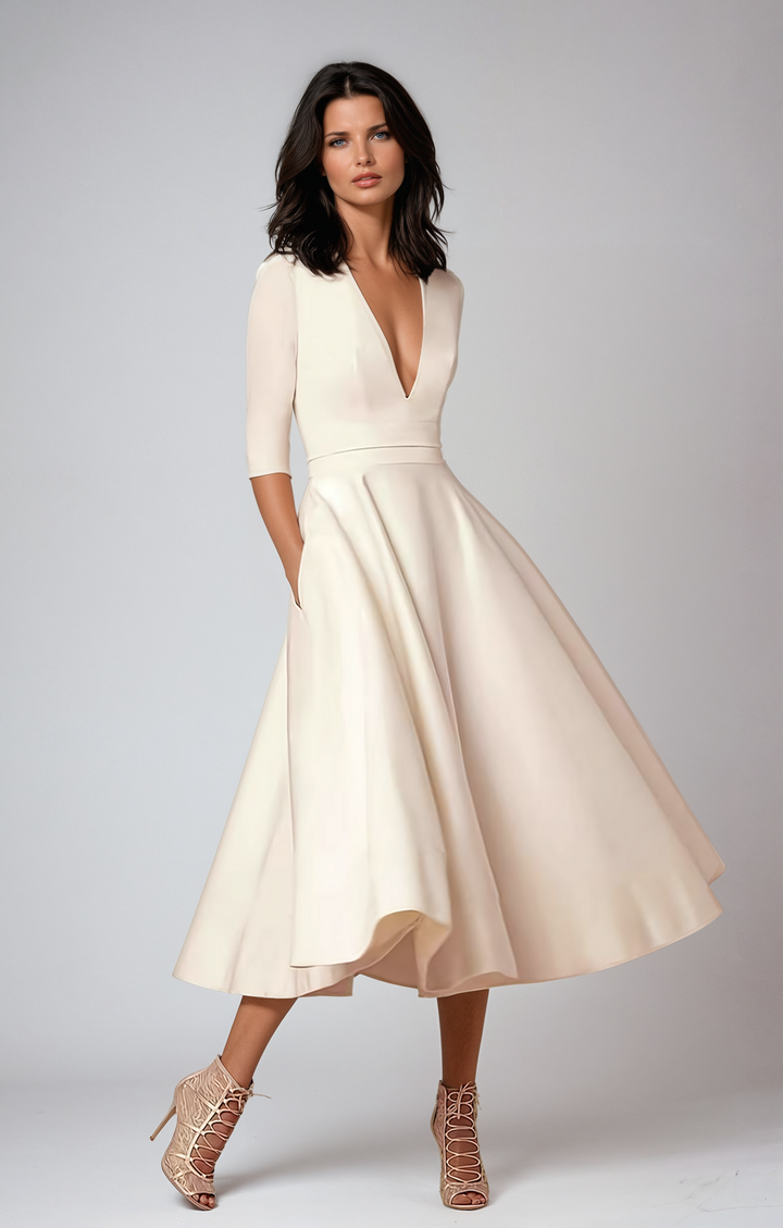 Melody – Wedding Guest Flared Midi Dress with V Neck