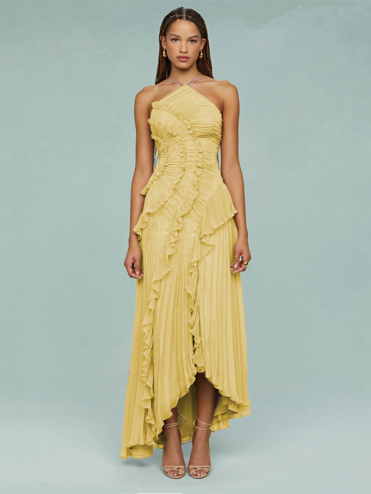 Vivienne – Pleated Halter Maxi Dress with Cascade Ruffle