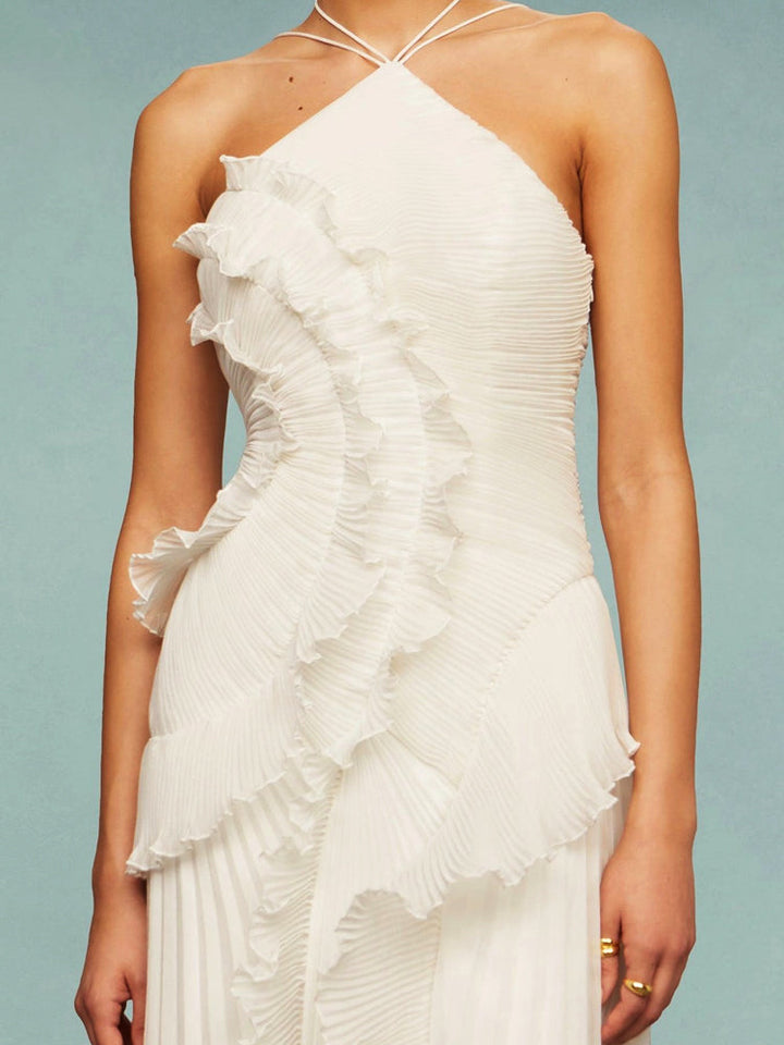 Vivienne – Pleated Halter Maxi Dress with Cascade Ruffle