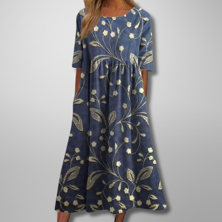 Carolyn – Elegant Floral Midi Dress with a Relaxed A-Line Silhouette