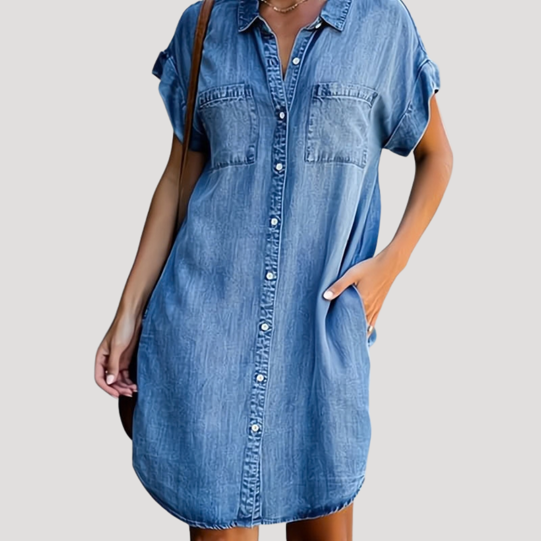 Keira – Denim-Style Shirt Dress with Short Sleeves
