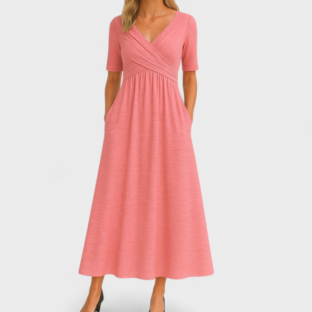 Judith – Refined Midi Dress with Pleated V-Neck Bodice