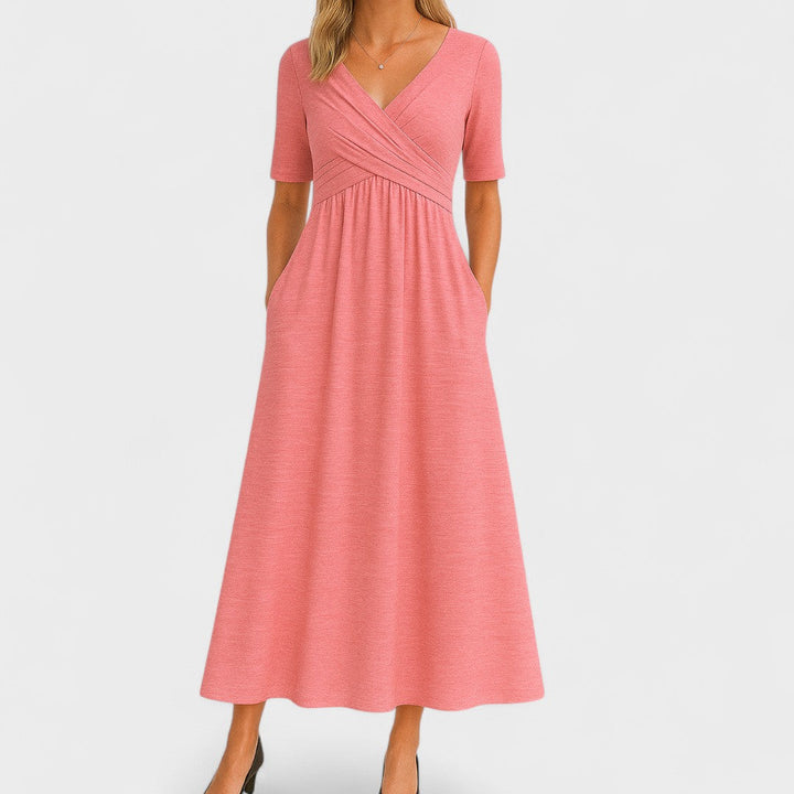 Judith – Refined Midi Dress with Pleated V-Neck Bodice