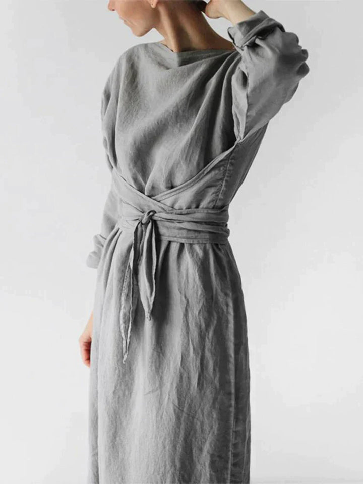 NOUVEAU RICHE Leinenkleid Minimalistisch Langarm Gürtel Handgefertigt