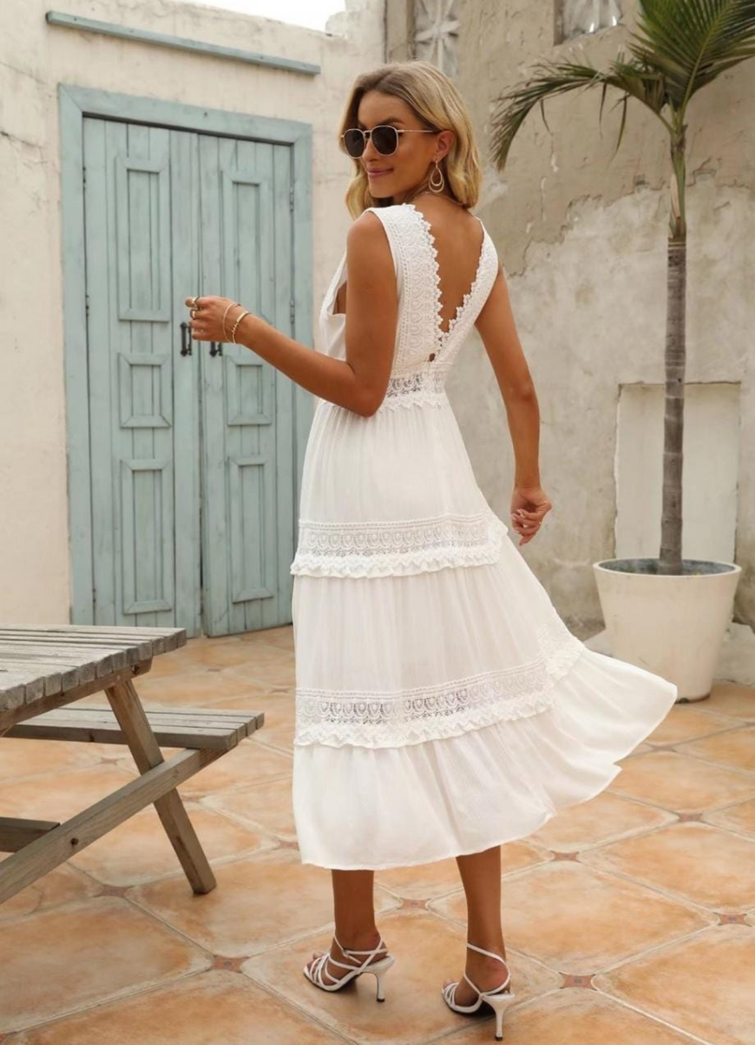 Ayla – Tiered Lace-Look Trim Midi Dress for Wedding Guest