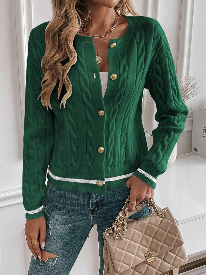 Annabeth – Cable-Stitch Button-Front Cardigan with Contrast Trim for Women