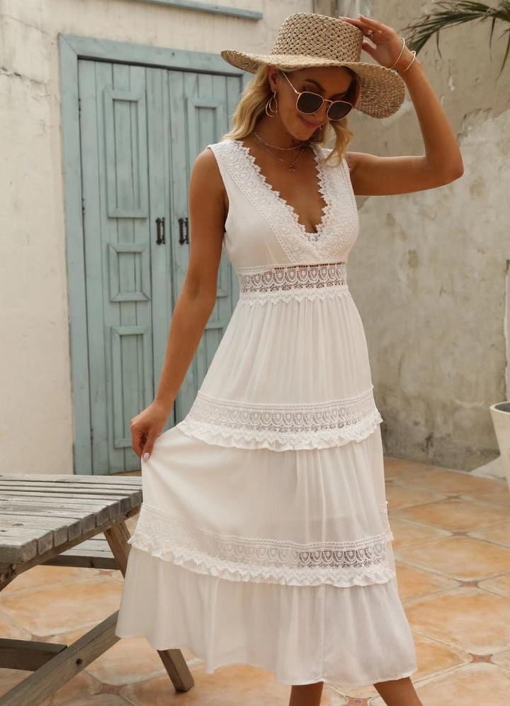 Ayla – Tiered Lace-Look Trim Midi Dress for Wedding Guest