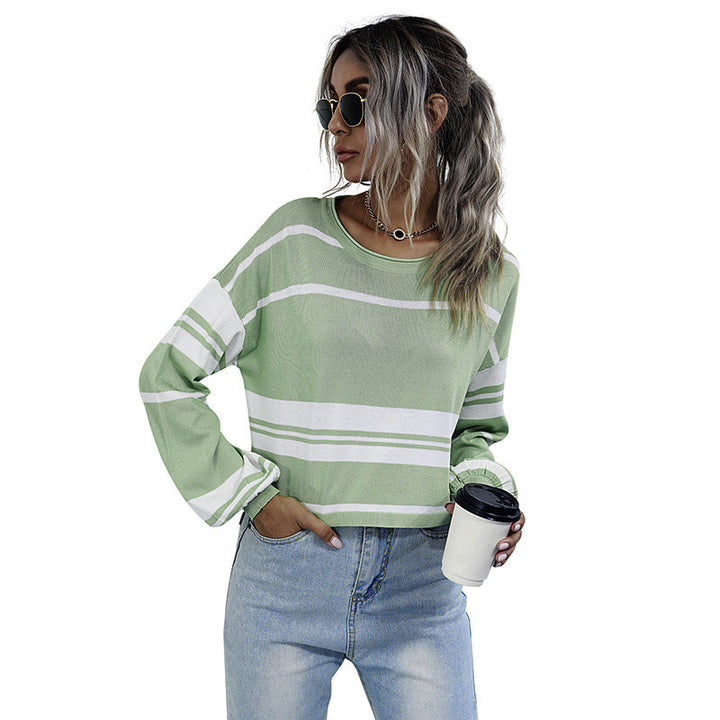 Ivana – Striped Balloon-Sleeve Boat-Neck Top