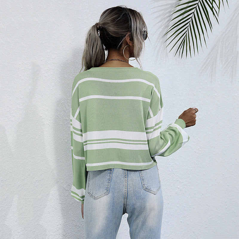 Ivana – Striped Balloon-Sleeve Boat-Neck Top