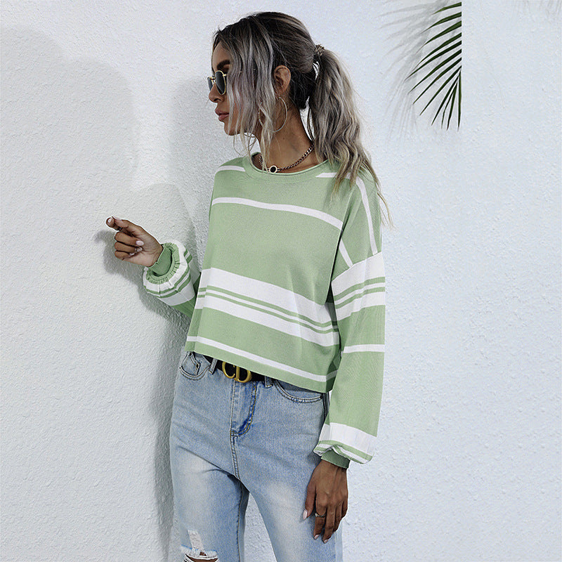 Ivana – Striped Balloon-Sleeve Boat-Neck Top