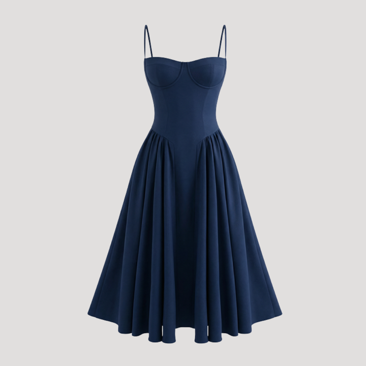 Kendra – Bustier Midi Dress with Gathered A-Line Skirt