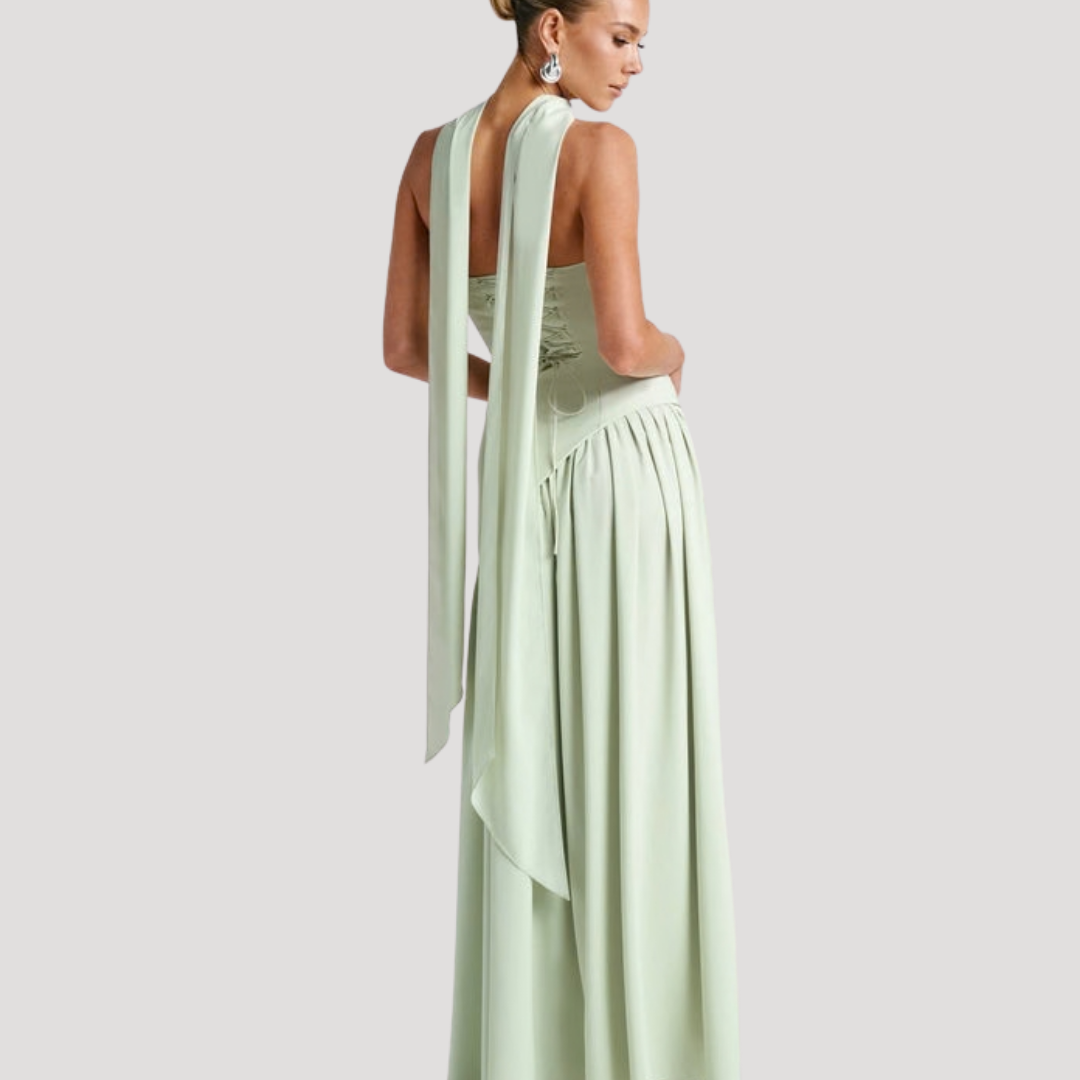 Juliet – Strapless Pleated Maxi Dress with Neck Scarf Detail