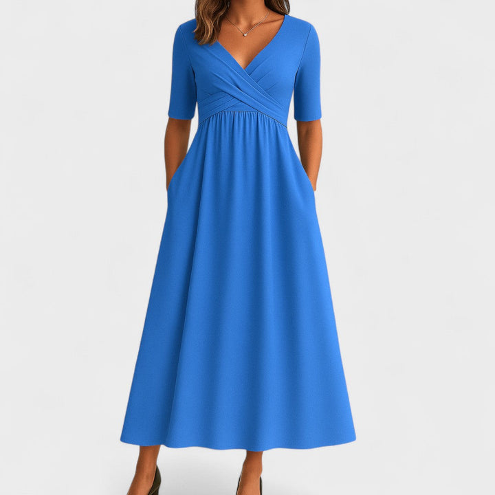 Judith – Refined Midi Dress with Pleated V-Neck Bodice