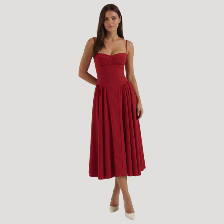 Kendra – Bustier Midi Dress with Gathered A-Line Skirt