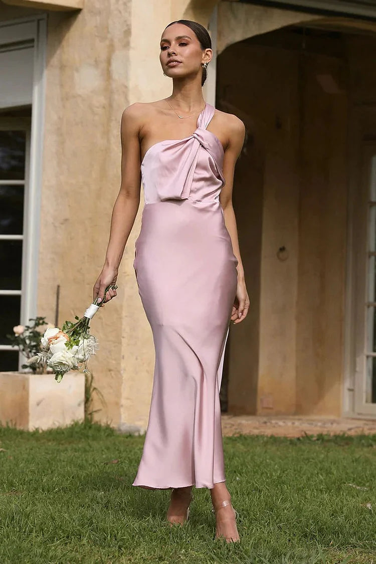 Aspen – Asymmetric Halter Fishtail Midi Dress, Wedding Guest