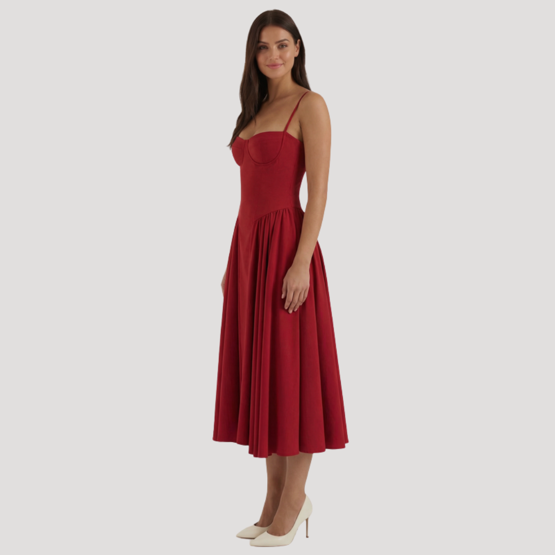 Kendra – Bustier Midi Dress with Gathered A-Line Skirt