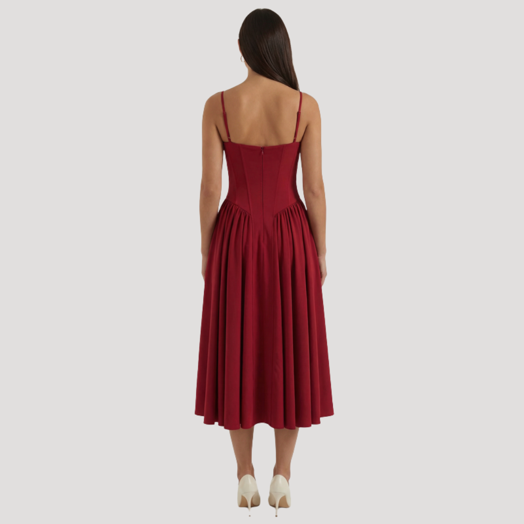 Kendra – Bustier Midi Dress with Gathered A-Line Skirt
