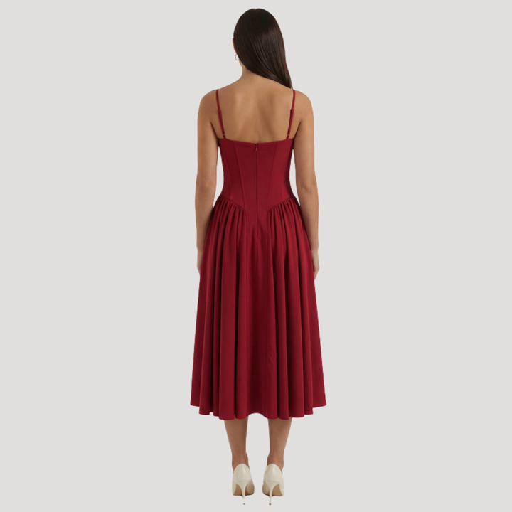 Kendra – Bustier Midi Dress with Gathered A-Line Skirt