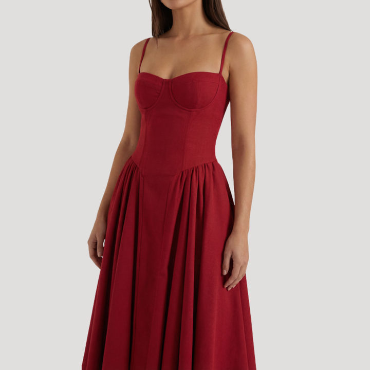 Kendra – Bustier Midi Dress with Gathered A-Line Skirt