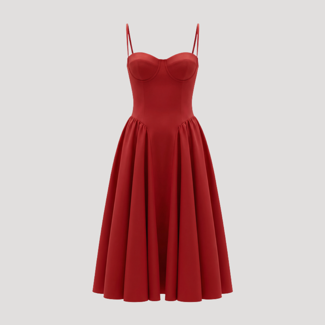 Kendra – Bustier Midi Dress with Gathered A-Line Skirt