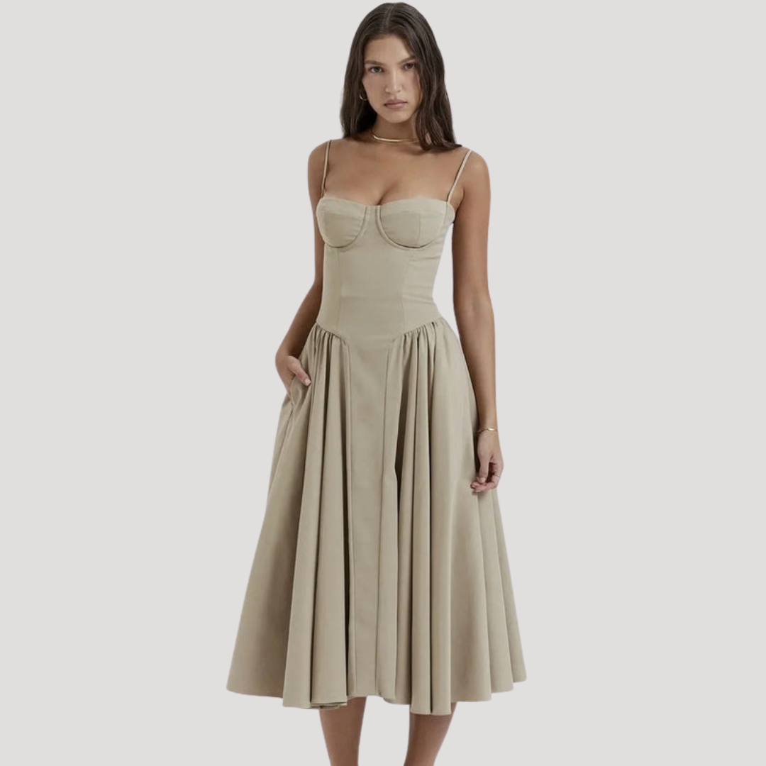 Joy – Corset Bodice Midi Dress with Pleated A-Line Skirt