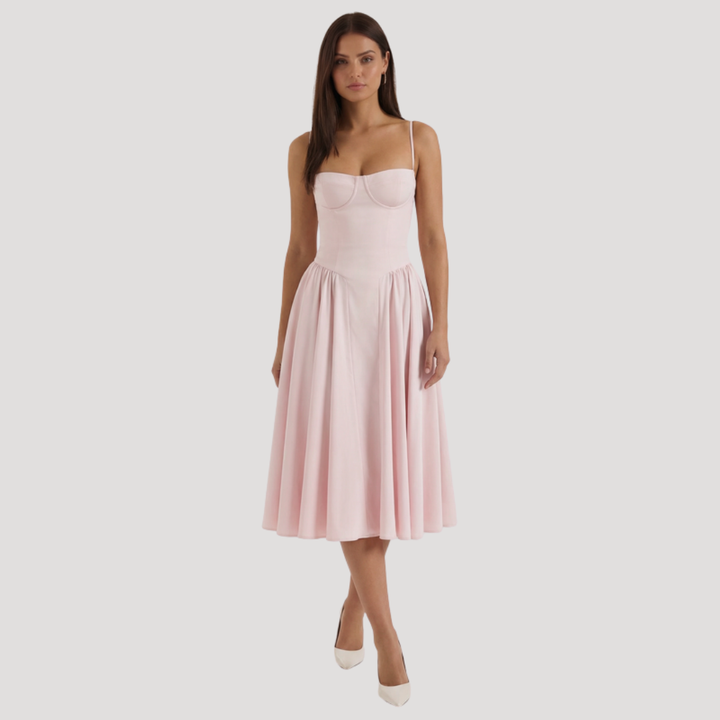 Kendra – Bustier Midi Dress with Gathered A-Line Skirt