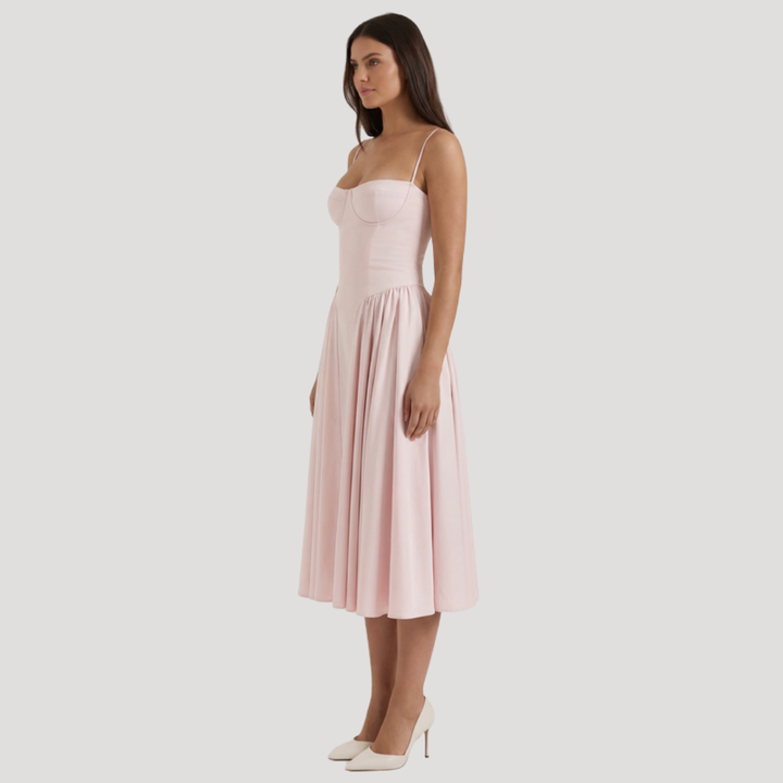 Kendra – Bustier Midi Dress with Gathered A-Line Skirt