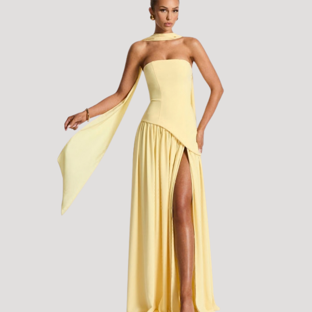 Juliet – Strapless Pleated Maxi Dress with Neck Scarf Detail