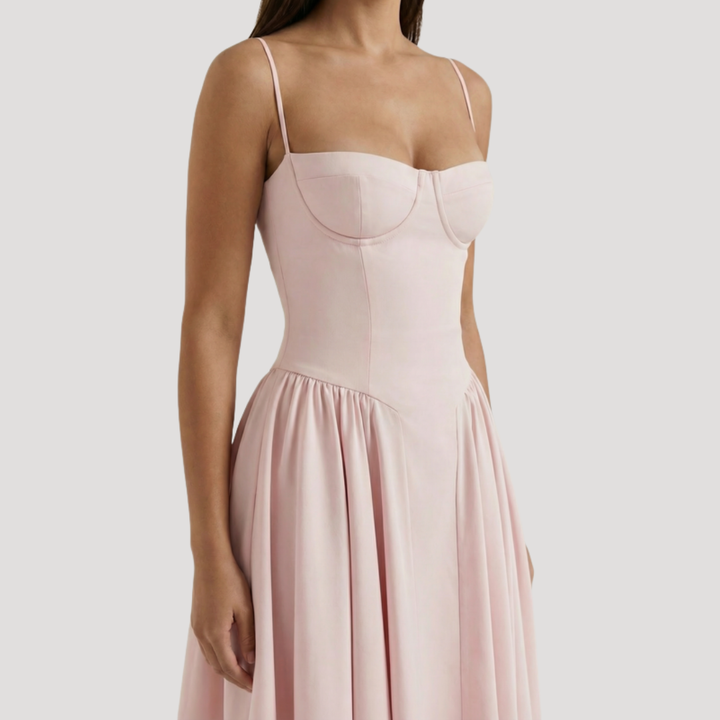 Kendra – Bustier Midi Dress with Gathered A-Line Skirt