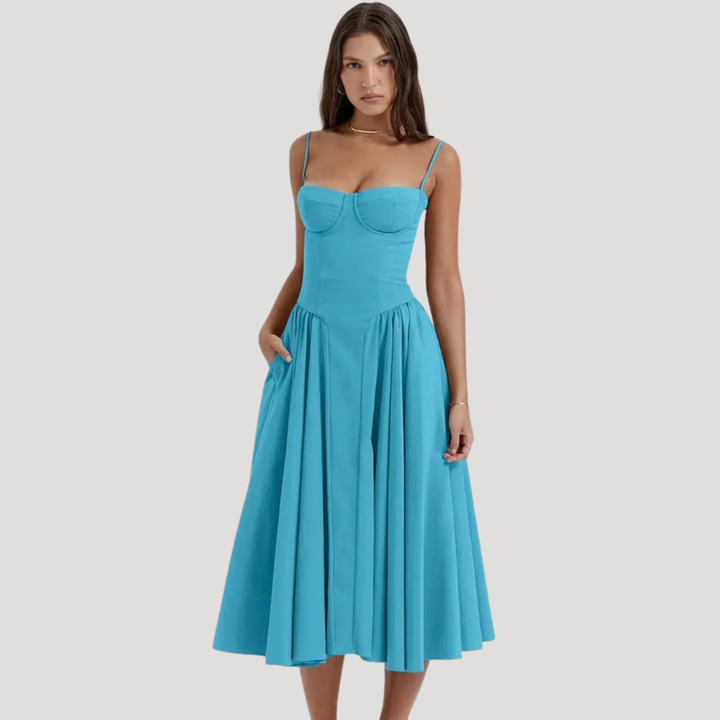 Joy – Corset Bodice Midi Dress with Pleated A-Line Skirt