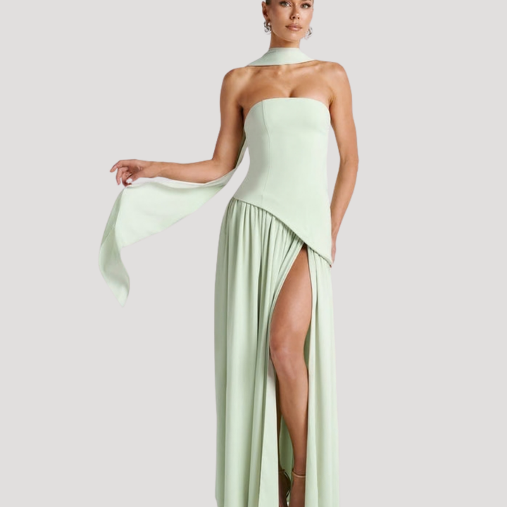 Juliet – Strapless Pleated Maxi Dress with Neck Scarf Detail