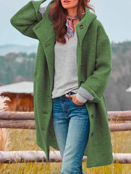 Lina – Longline Hooded Bouclé Coat with Button Front