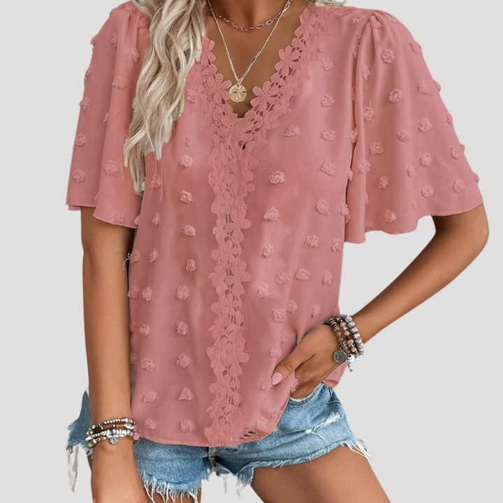 Maggie – Flutter Sleeve V-Neck Blouse with Pom-Pom Texture