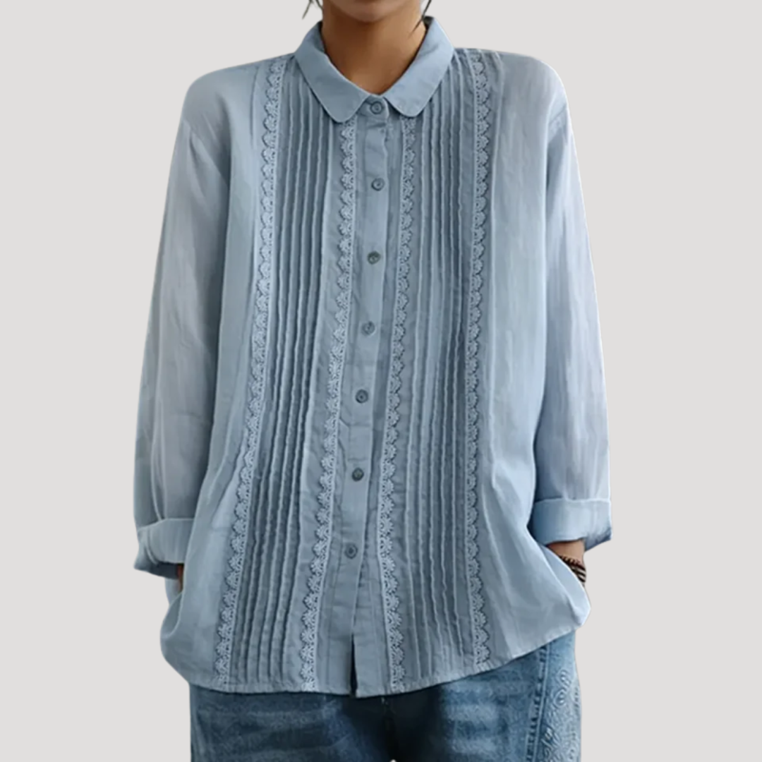 Mackenzie – Pleated Button-Down Blouse with Openwork Trim