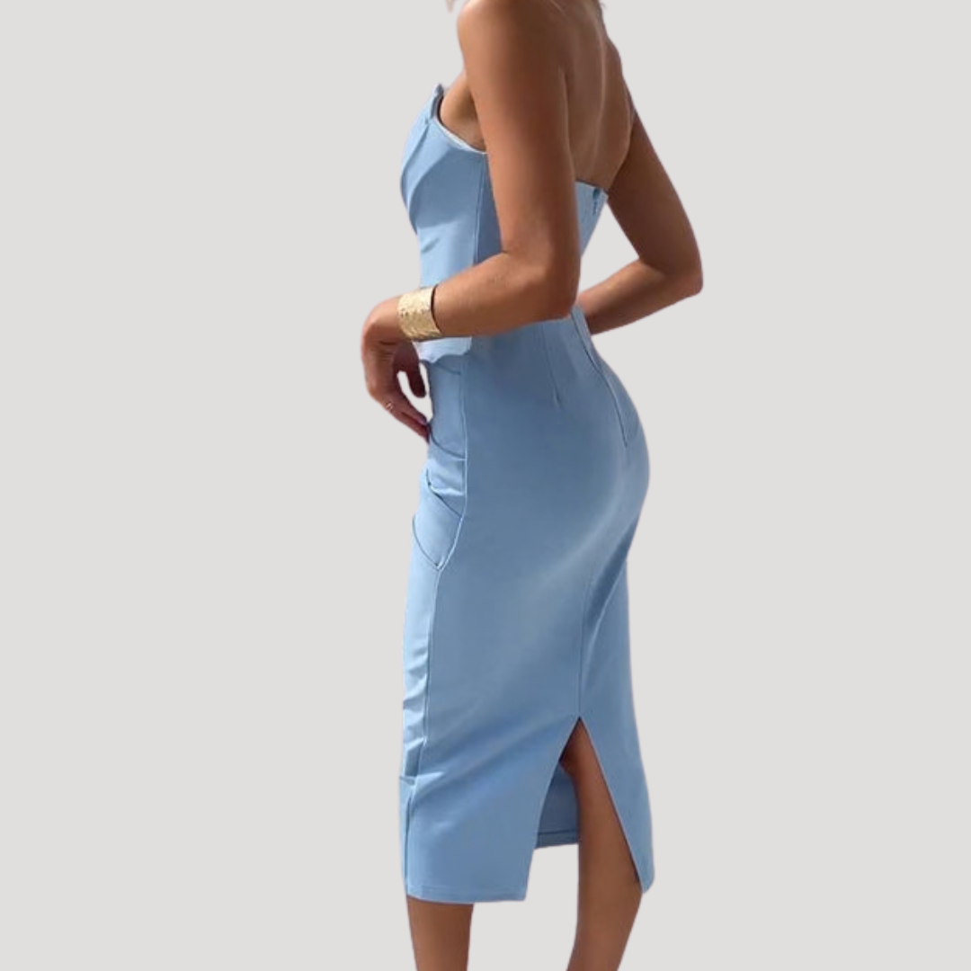 Kendall – Strapless Ruched Bodycon Midi Dress