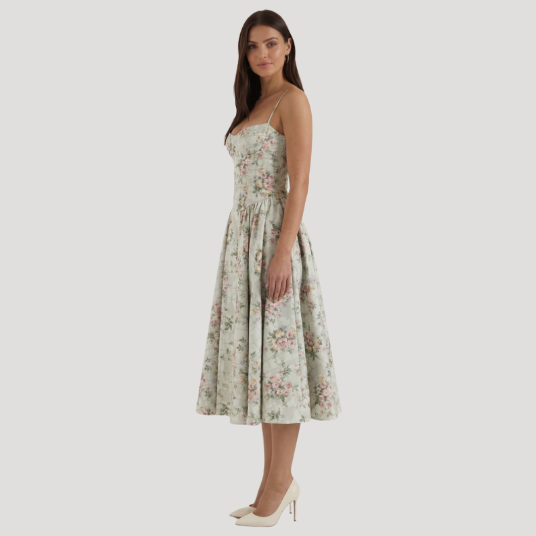 Kendra – Bustier Midi Dress with Gathered A-Line Skirt