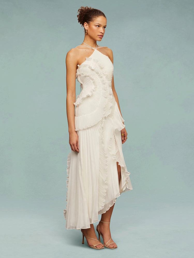 Vivienne – Pleated Halter Maxi Dress with Cascade Ruffle