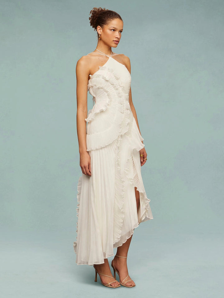 Vivienne – Pleated Halter Maxi Dress with Cascade Ruffle
