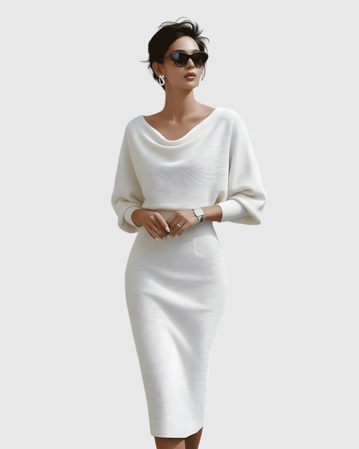Genevieve – Draped Cowl-Neck Bodycon Midi Dress
