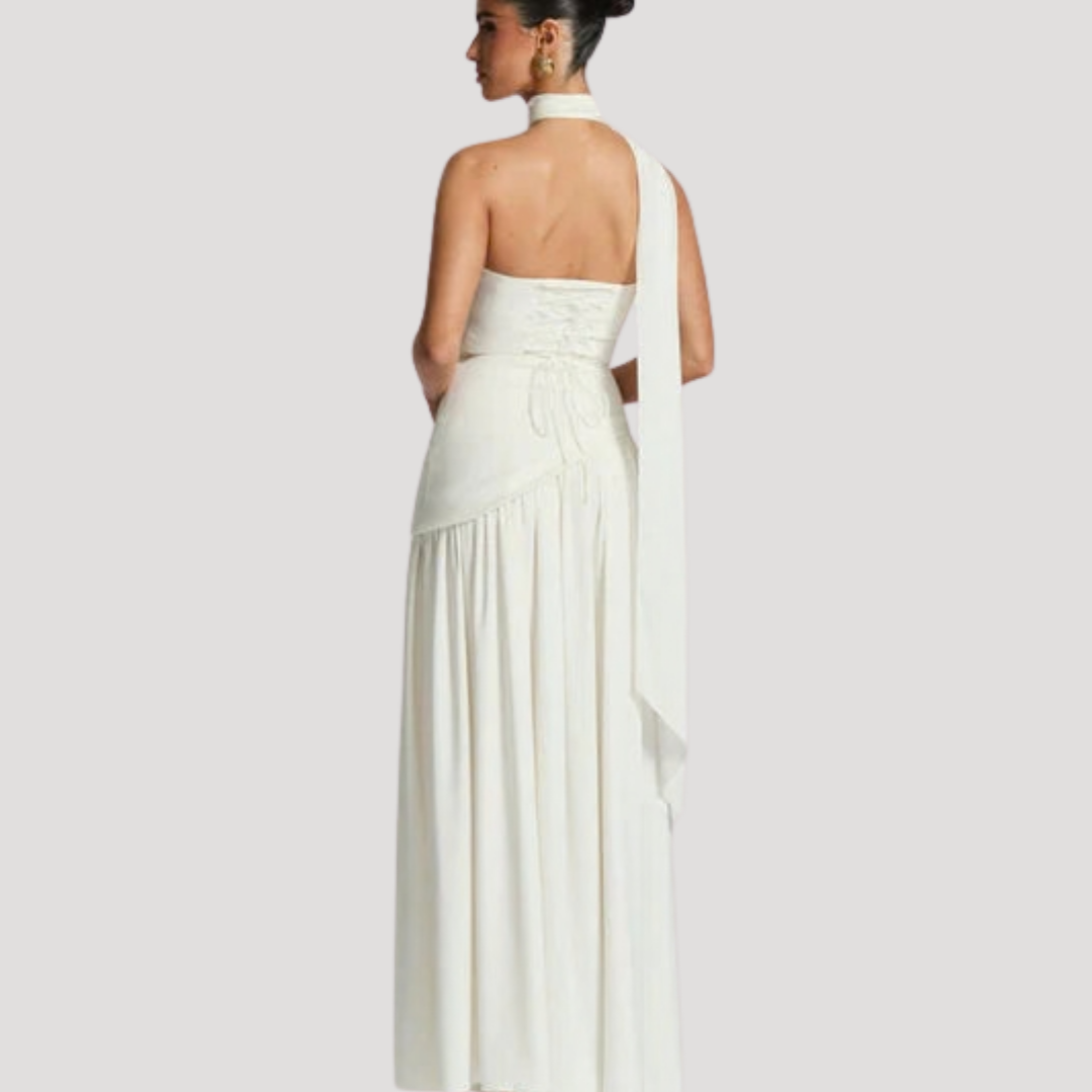 Juliet – Strapless Pleated Maxi Dress with Neck Scarf Detail
