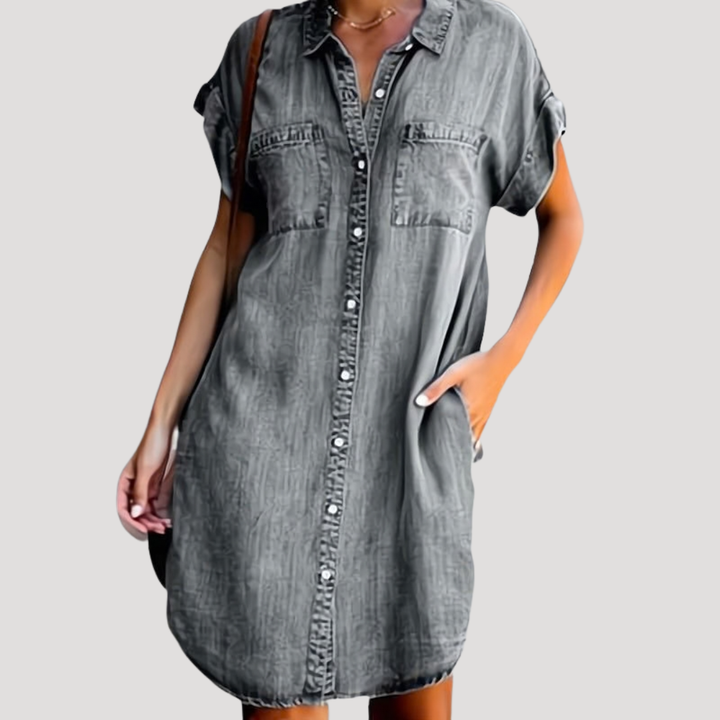 Keira – Denim-Style Shirt Dress with Short Sleeves