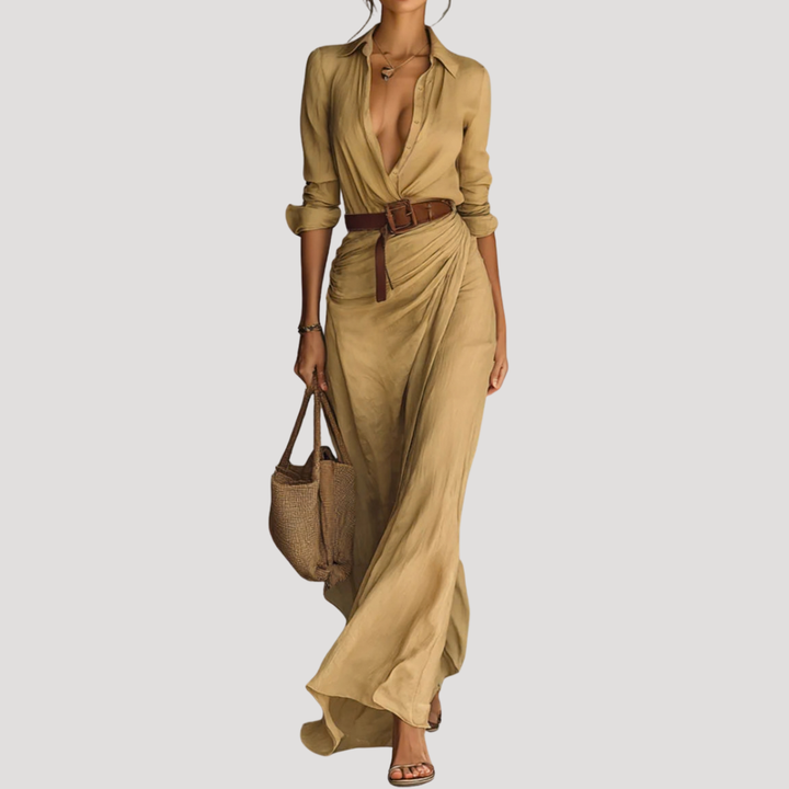 Kira – Belted Maxi Shirt Dress with Long Sleeves