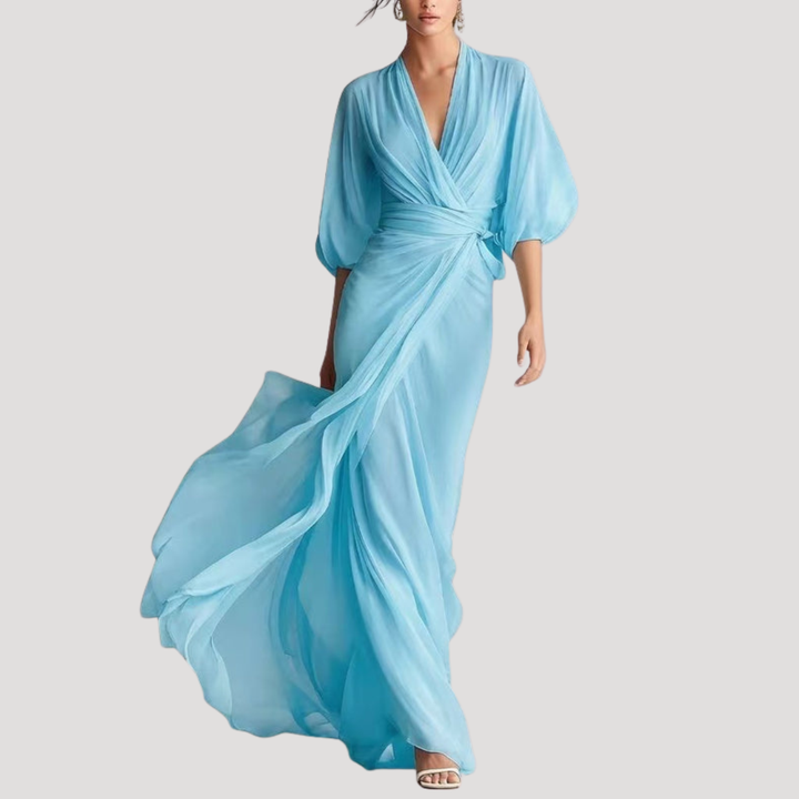 Kayla – Flowing Wrap Maxi Dress with Bishop Sleeves