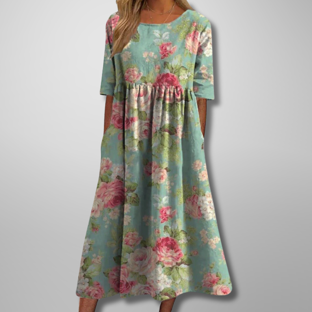 Carolyn – Elegant Floral Midi Dress with a Relaxed A-Line Silhouette